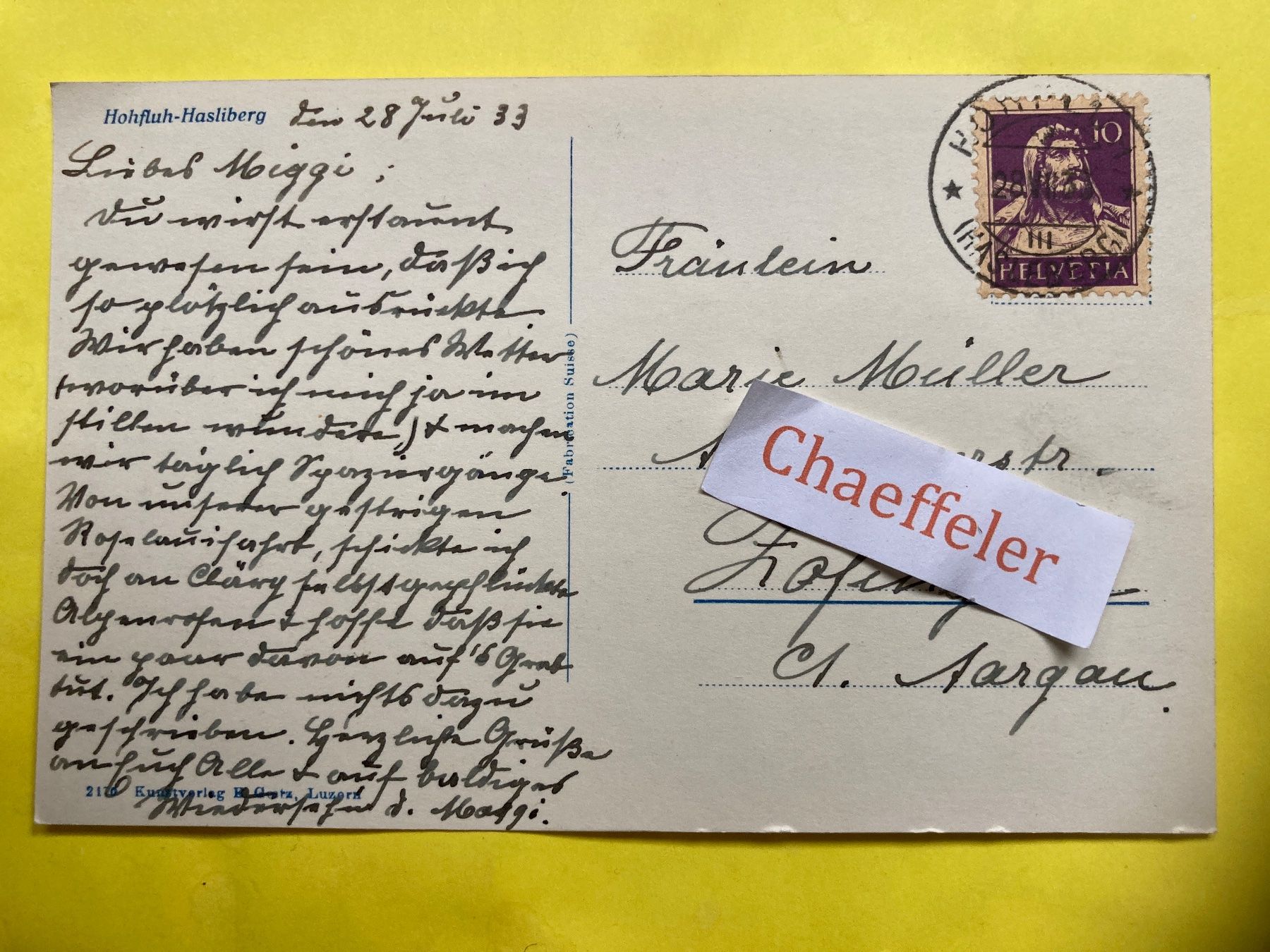 Cartoline postali: 1933 Hohfluh - Hasliberg – Usato da Zürich venduto da Chaeffeler 1