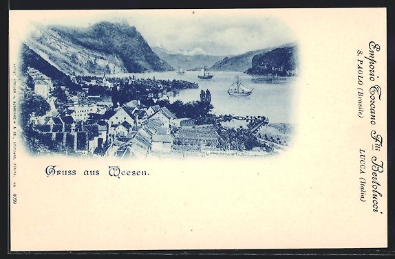 Cartoline postali: AK Weesen, Blick auf Ort und See – Usato da Berlin venduto da bartko-reher