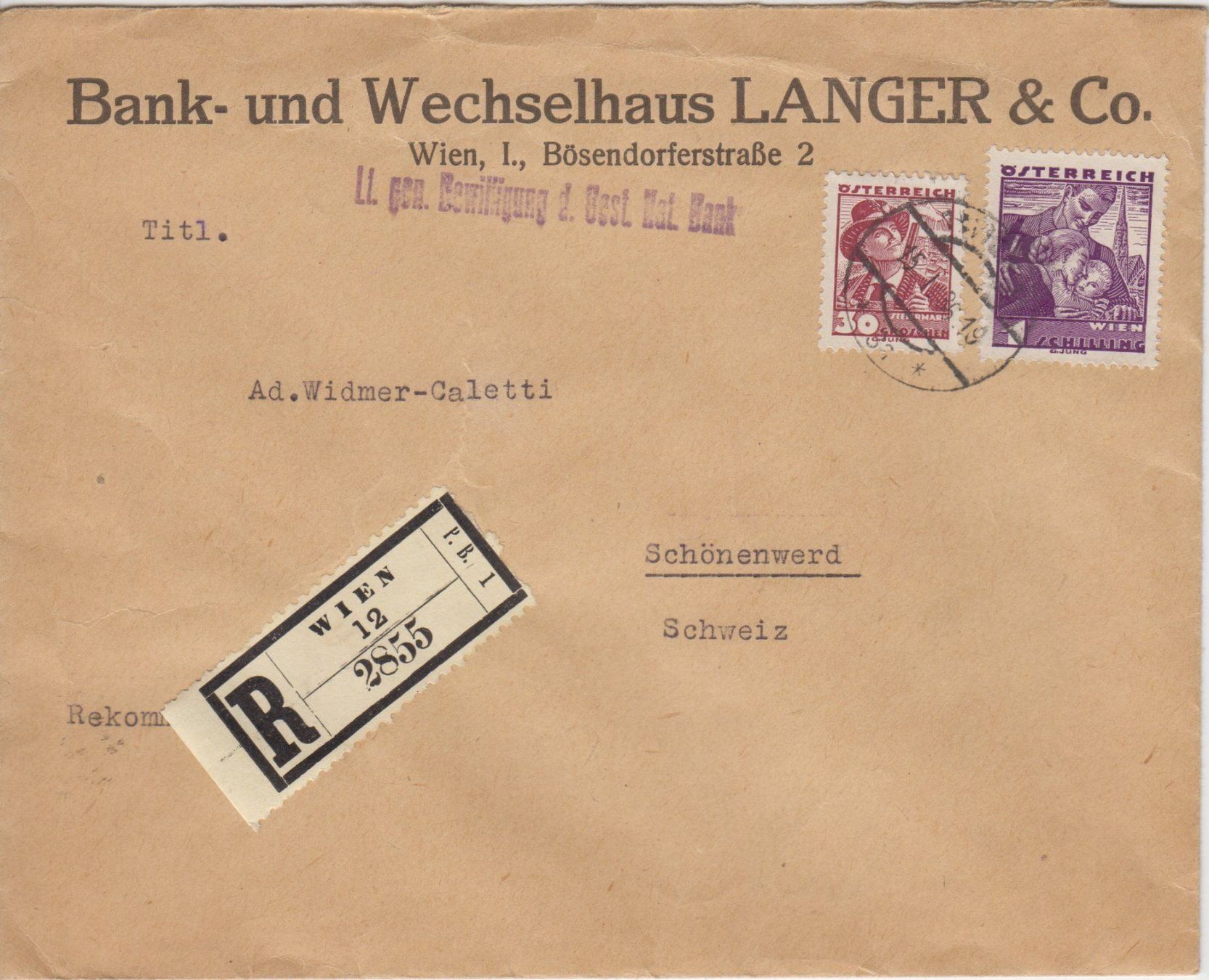 Tutti i francobolli: R-Brief 1936 Wien - Schönenwerd – Usato da Eschlikon TG venduto da PhilCon