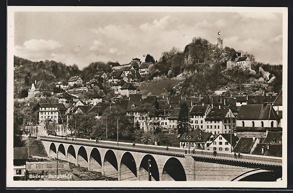 Cartoline postali: Baden-Burghalde, Ortsansicht mit Brücke – Usato da Berlin venduto da bartko-reher
