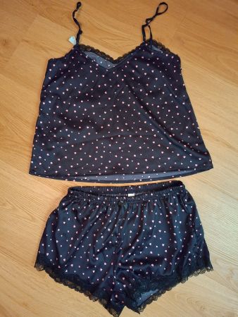 Pyjamaset Kurz Schwarz Rosa Herzen Grösse 38