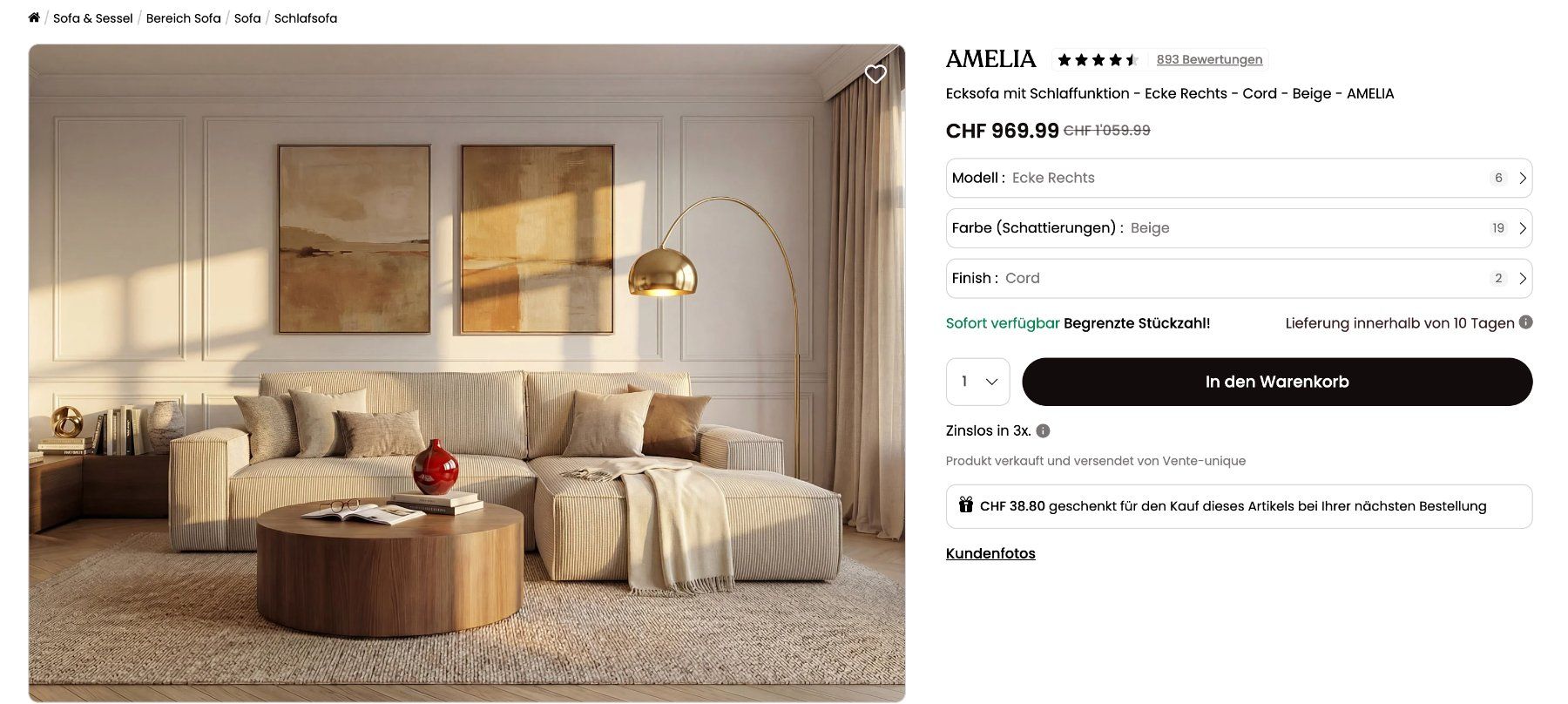 Divani: Cord Beige Schlafcouch mit Stauraum – Usato da Luzern venduto da cla_k79r 4