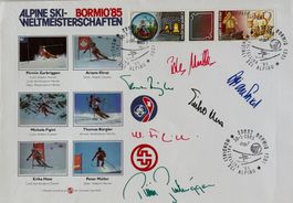 6 x Autogramm, Skisportler Schweiz, Ski-WM 1985, Philatelie