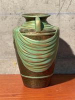 Vintage Green and Gold Ceramic Vase with Handle Decor