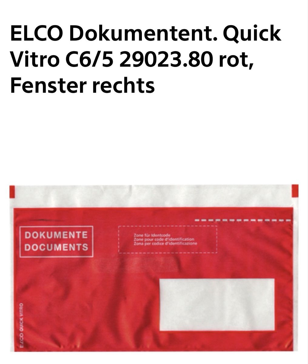 Buste & buste per spedizione: ELCO Quick Vitro Dokumententaschen rot, C6/5  – Nuovo e nell'imballaggio originale da St. Moritz venduto da Oberengadin