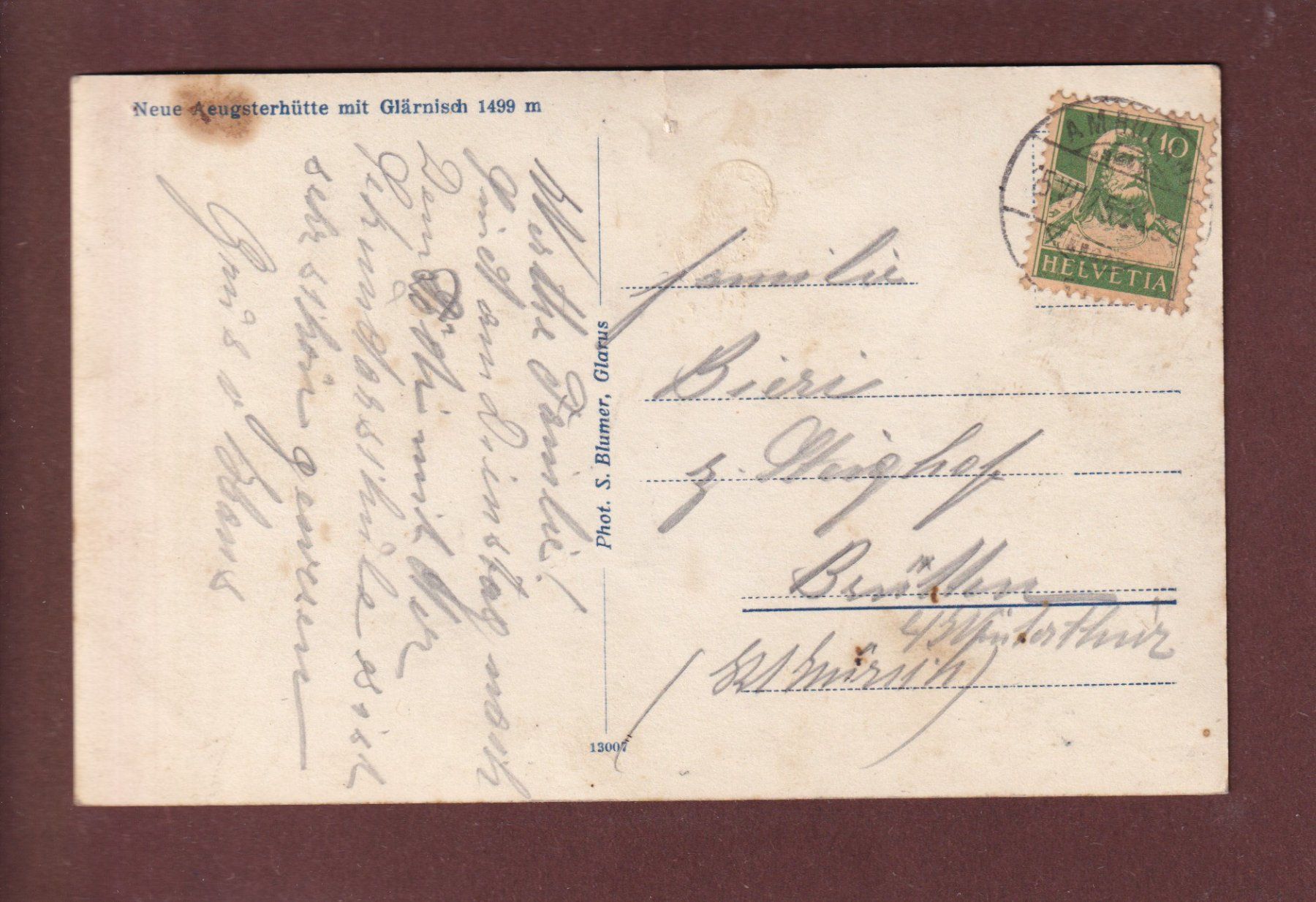 Cartoline postali: AEUGSTERHÜTTE mit Glärnisch - 1925 // Loch // – Usato da Pully venduto da nicecards 1