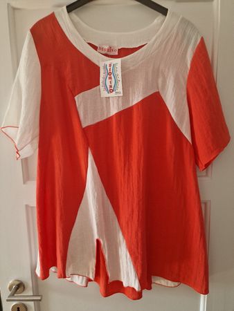 Sommerbluse Gr. 44-46 Weiss-Orange Domino neuwertig.