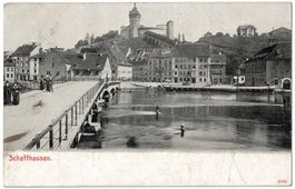 Schaffhausen, Rheinbrücke belebt, Karte vor 1905, gel. 1914