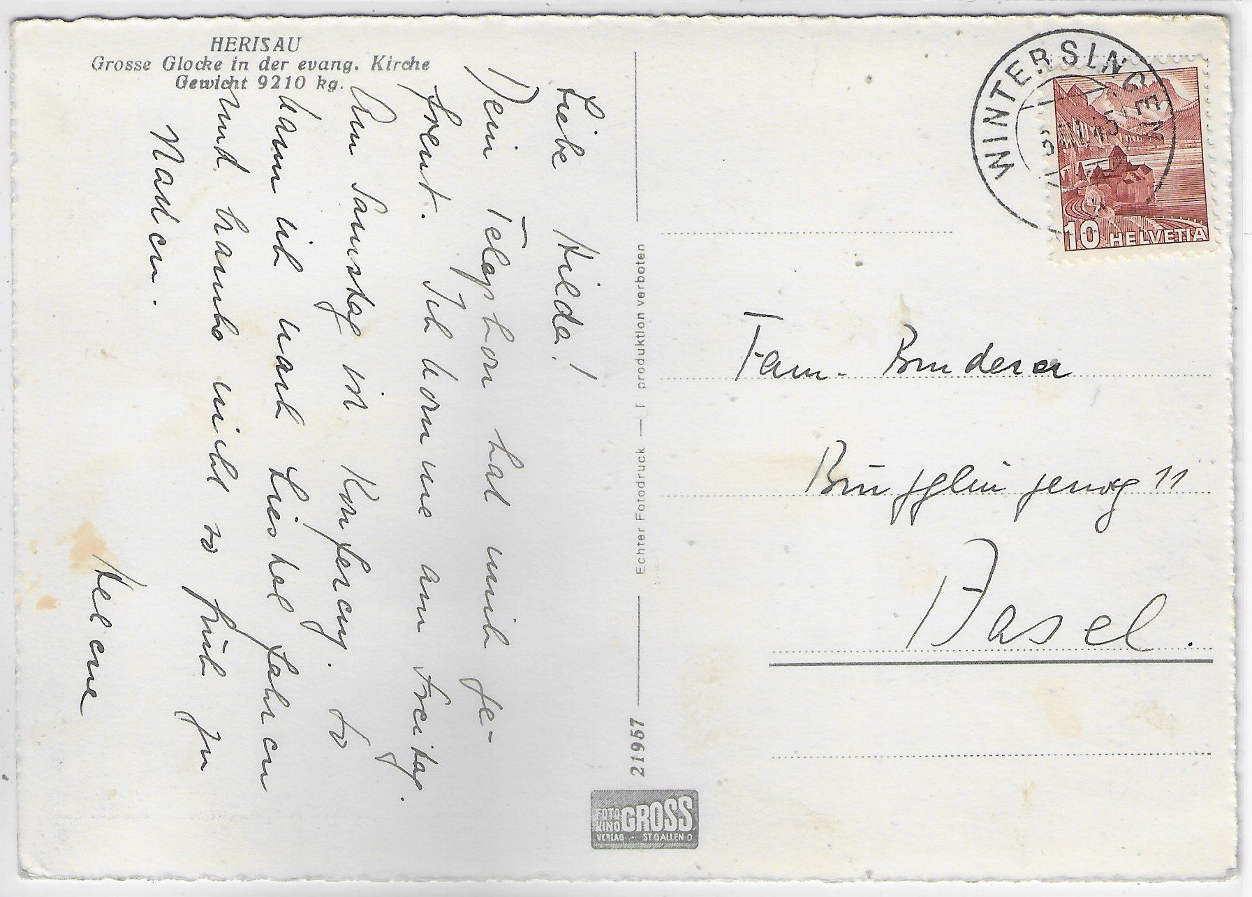 Cartoline postali: Herisau - Grosse Glocke in der evang. Kirche – Usato da Ettingen venduto da Kartenplanet 1