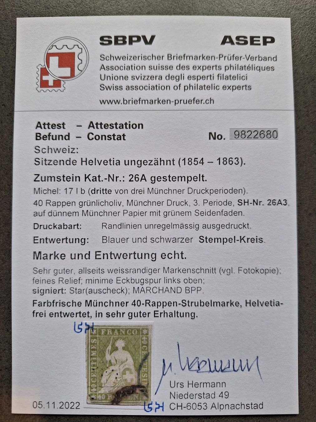 Tutti i francobolli: Strubel 26A3 mit klein Attest Kat. 500.- – Usato da Balgach venduto da SIMEON27 2