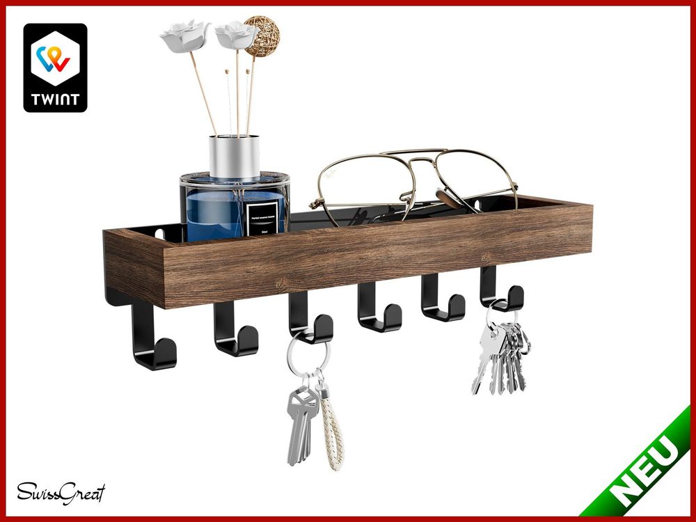 Echehi Schlüsselbrett Aus Holz - 6 Haken, 4 Montagearten, Weiß