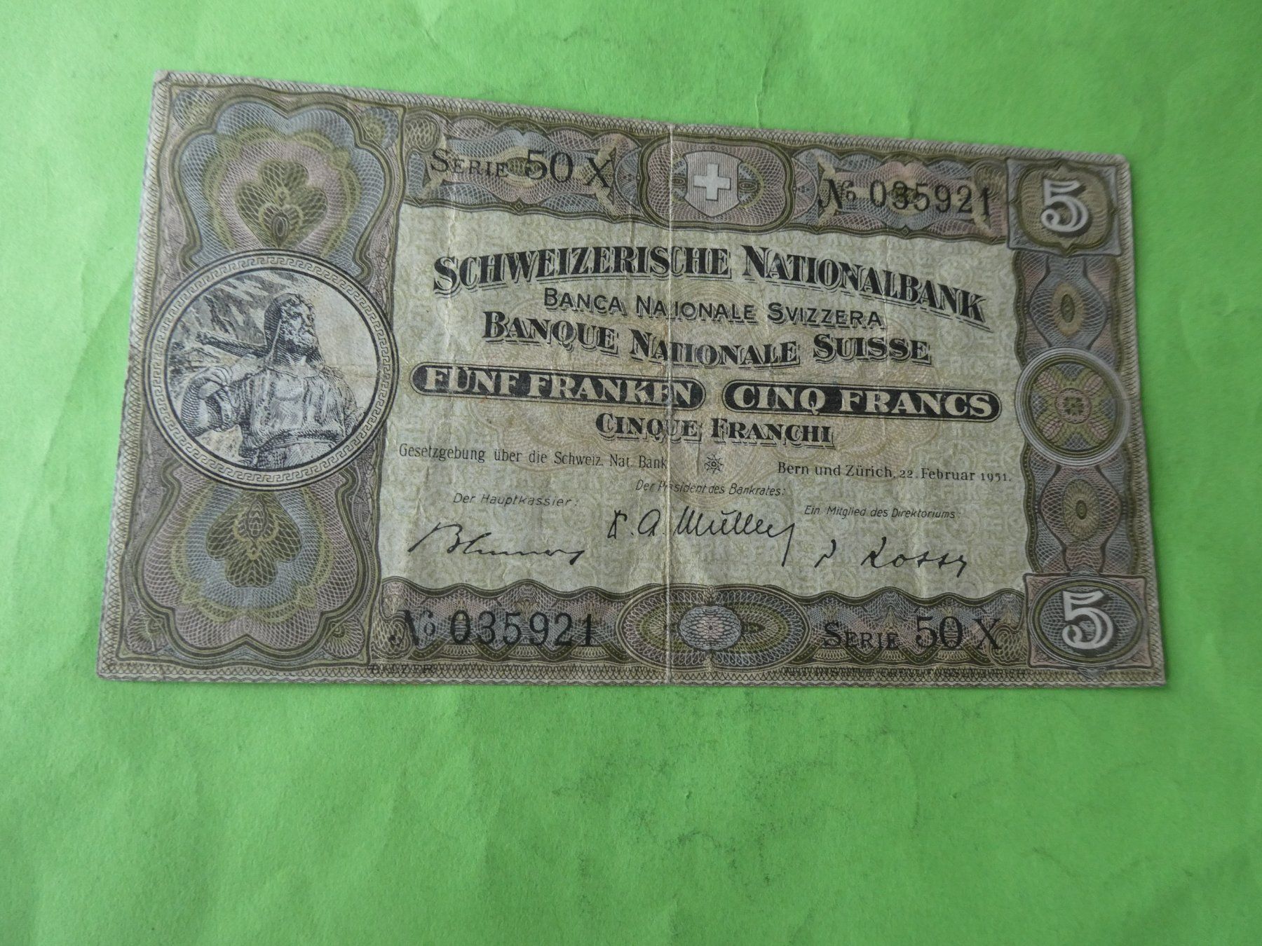 Banknoten: Schweiz 1951, 5 Franken – Gebraucht aus Hinterforst von Rohusri