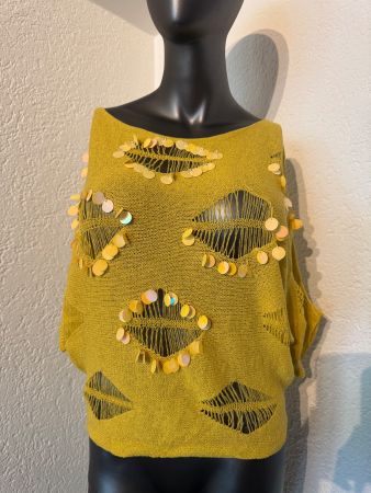 Damen Strickpullover in Senfgelb glitzernden Pailletten Gr S
