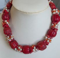 Collier rote Koralle und Perlen handgefertigt guter Zustand