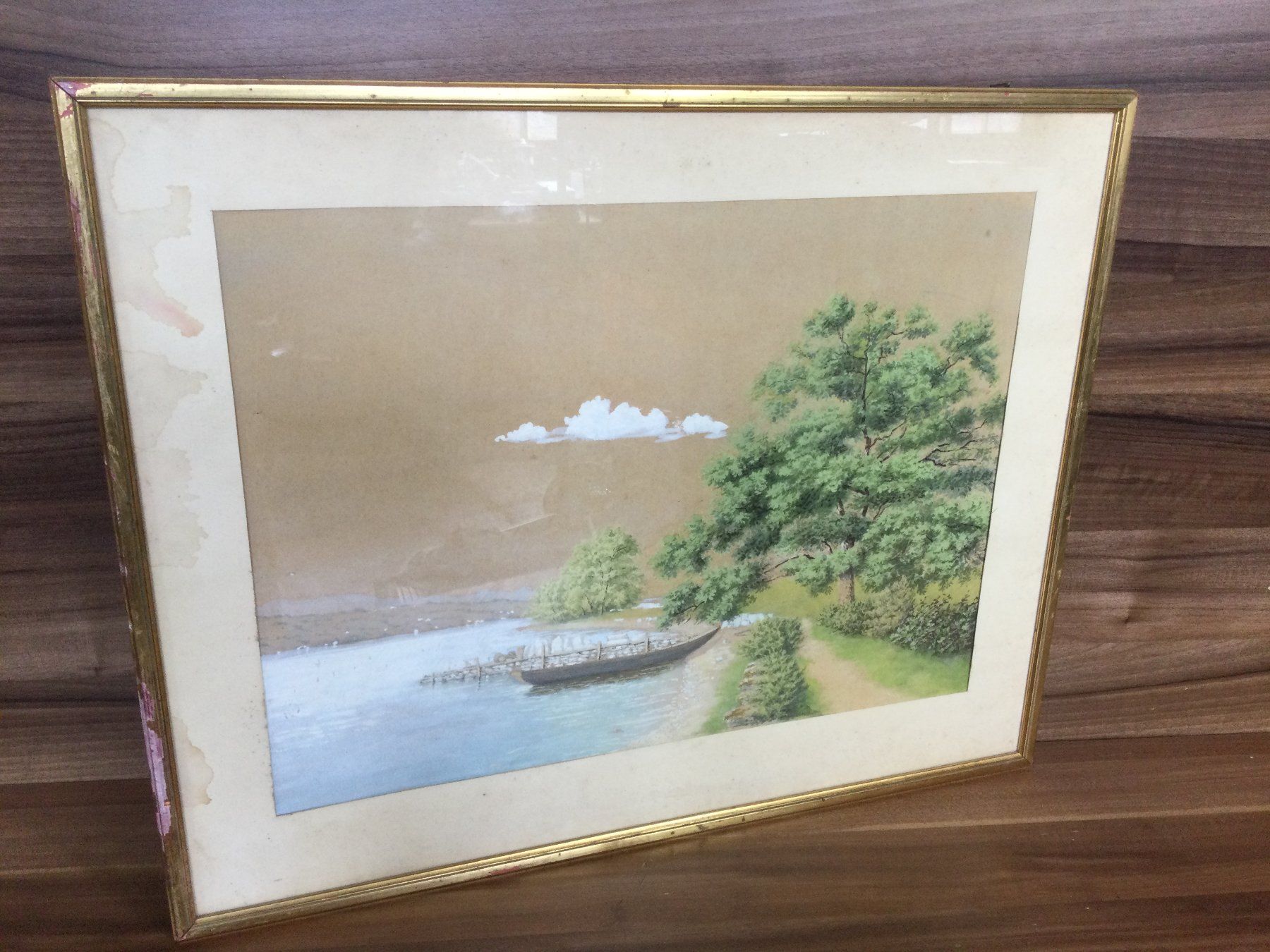 Gemälde: Altes Aquarell See mit Boot und Baum – Gebraucht aus Wangen SZ von kuriosum12
