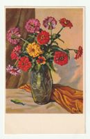 Ansichtskarte Blumenstillleben mit Zinnien, signiert E. Roy