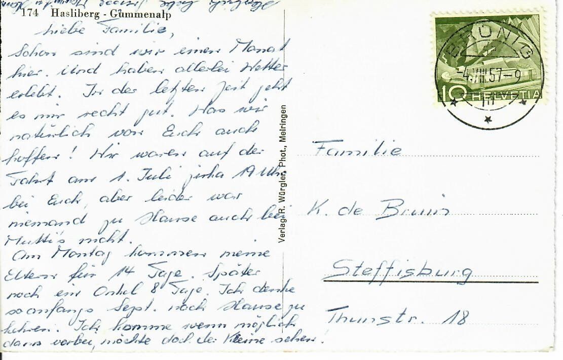 Cartoline postali: Hasliberg Gummenalp 1957 – Usato da Hochdorf venduto da Ziegel-16 1