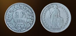 Pièce 2 Francs Suisse 1894 Argent Helvetia