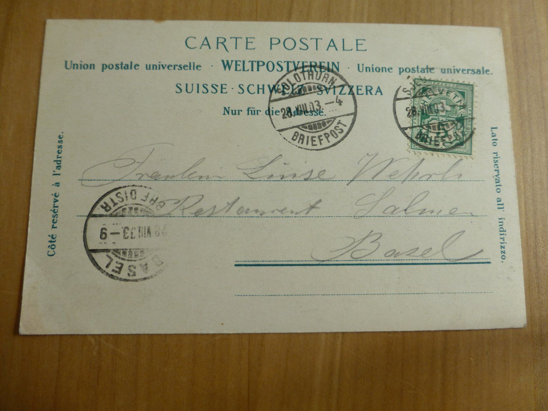 Cartoline postali: Solothurn, Ansichtskarte gelaufen 1903 nach Basel – Usato da Bettlach venduto da 1saurer 1