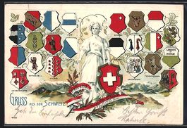 Litho Schweiz, Helvetia und Wappen aller