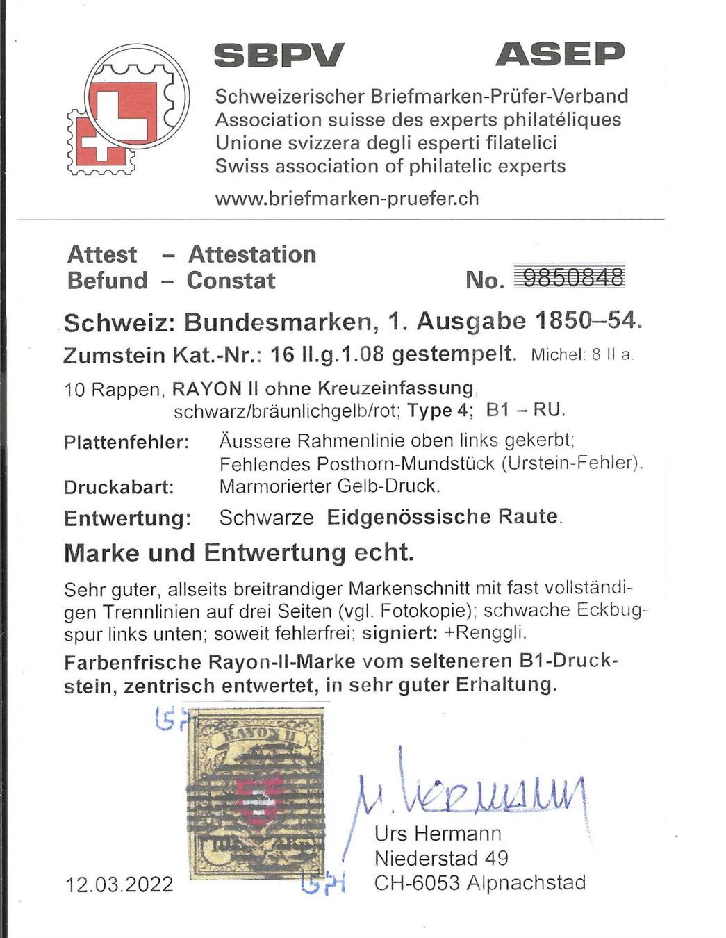 Tutti i francobolli: Rayon II.b.1.08, B1-RU, Attest Hermann – Usato da Wildhaus venduto da Brunphil 1