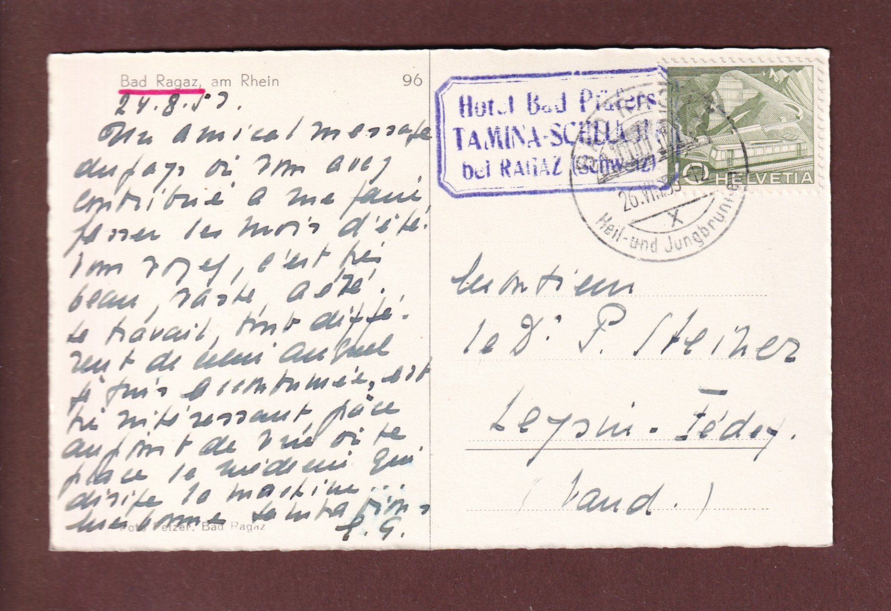 Cartoline postali: BAD RAGAZ - Am Rhein - 1953 – Usato da Pully venduto da nicecards 1