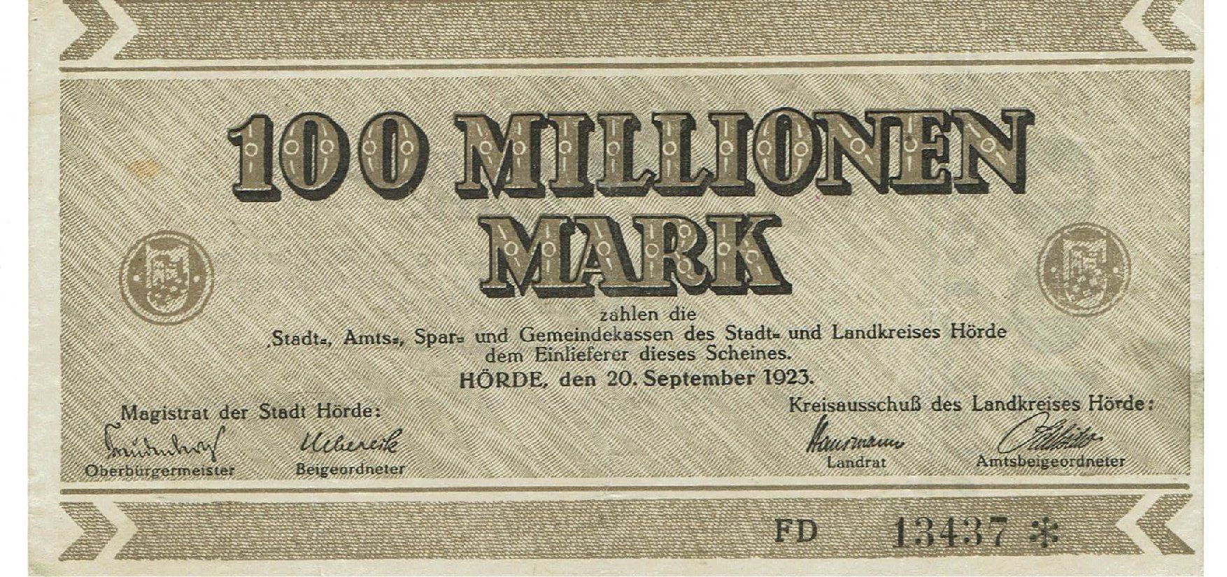 Banknoten: Hörde 100 Mil.Mark 20.09.1923 SS++-VZ – Gebraucht aus Steffisburg von ber_8htf