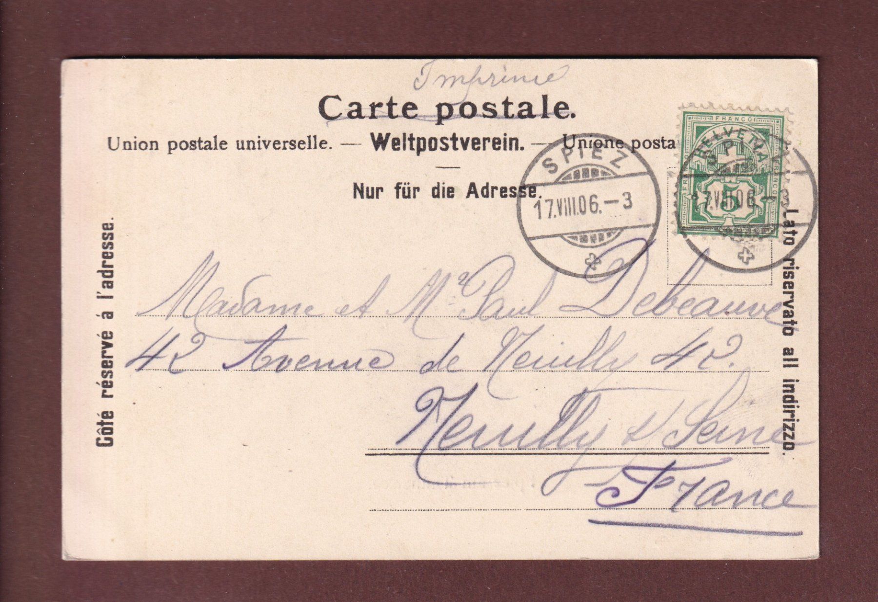 Ansichtskarten: SPIEZ am Thunersee - 1906 – Gebraucht aus Pully von nicecards-shop 1