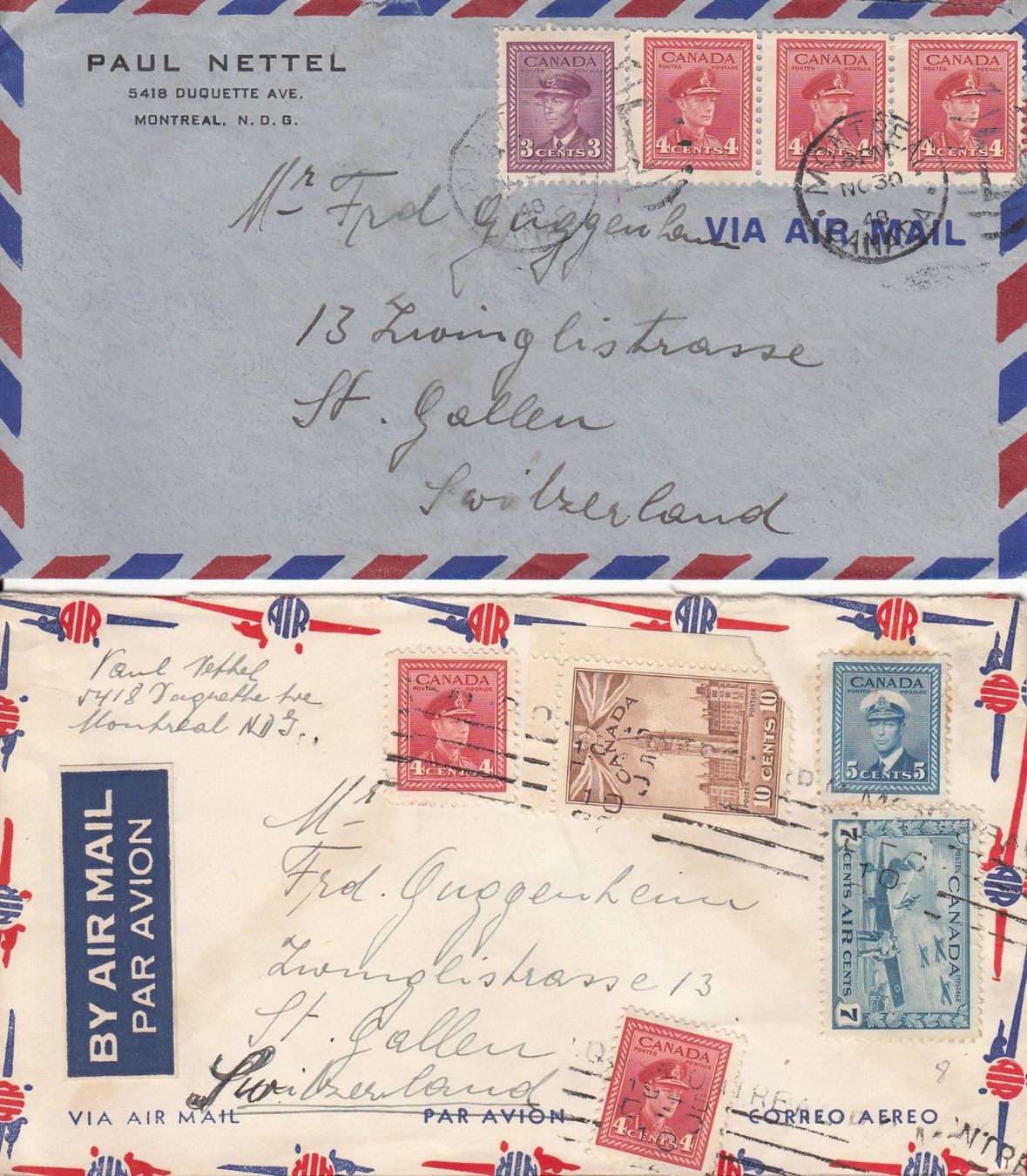 Tutti i francobolli: Flugpost Kanada - St. Gallen 1947/48, 4 Briefe – Usato da Bürglen TG venduto da StampGraf 1