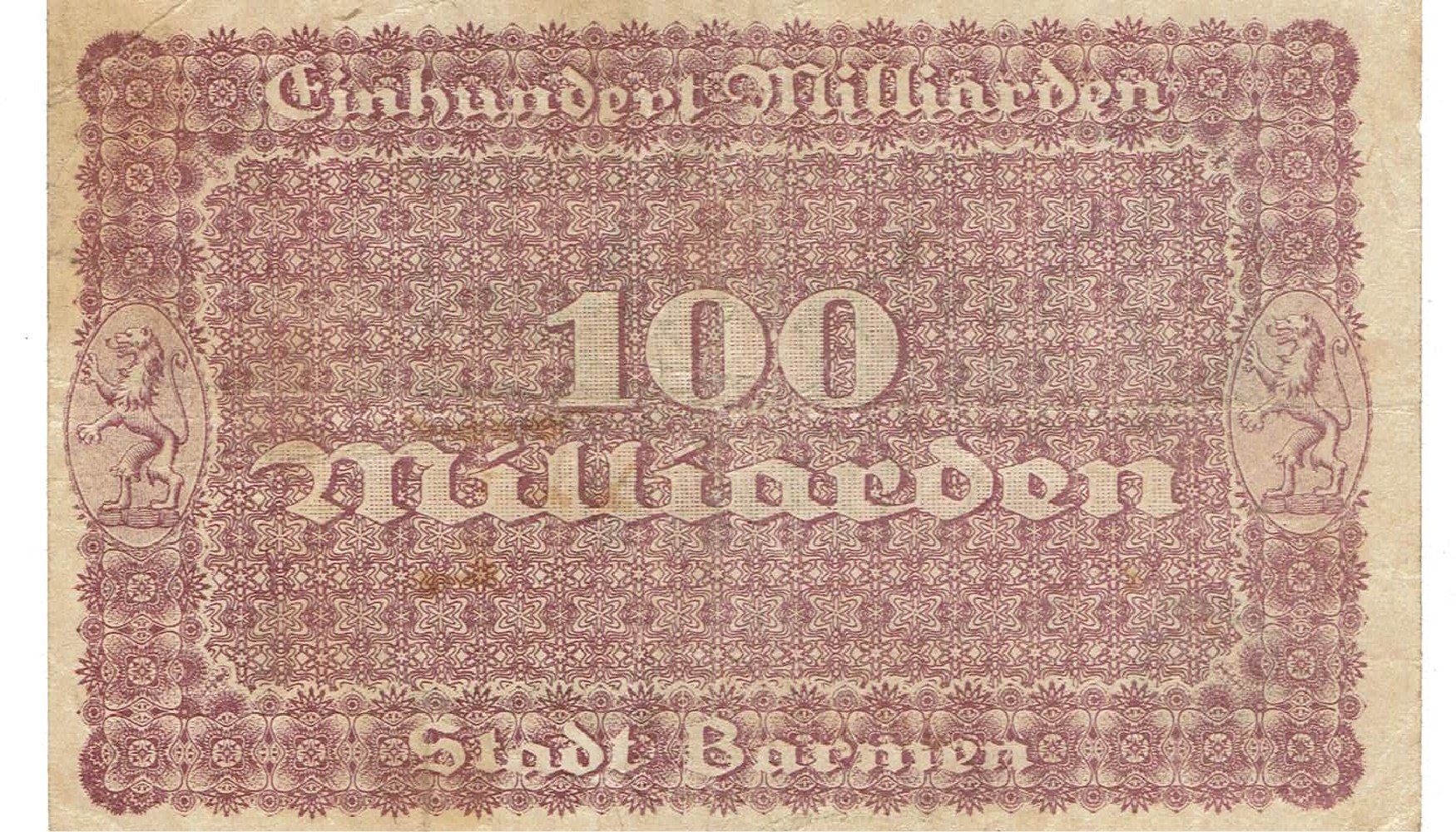 Banconote: Barmen 100 Mrd.Mark SN rot 25.10.1923 SS+-SS++ – Usato da Steffisburg venduto da ber_8htf 1