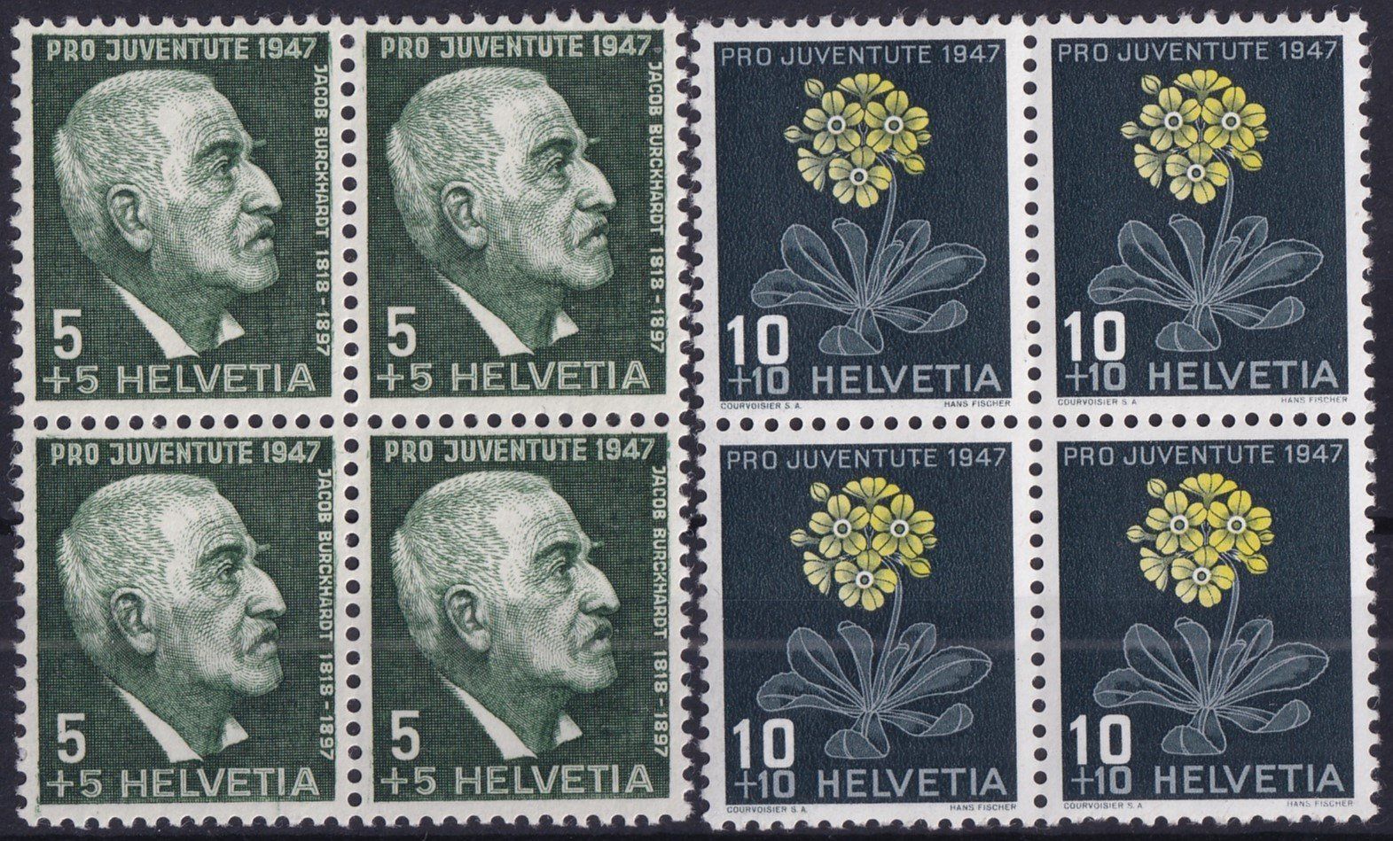 Tutti i francobolli: 1947, J121-124 im Viererblock ** postfrisch, Kat: 28.-+ – Usato da Sursee venduto da Luzernerraute 1