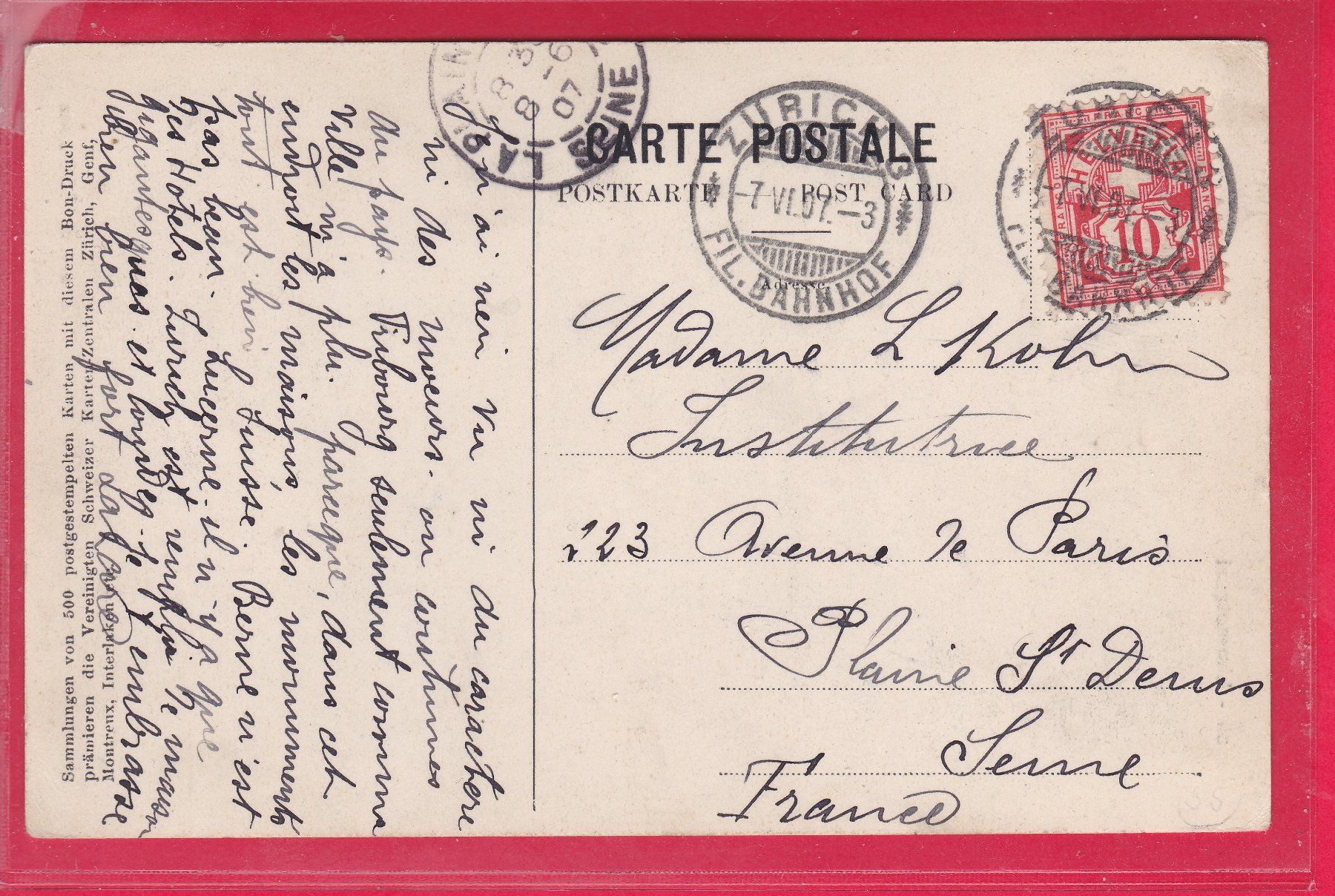 Cartoline postali: ZÜRICH, LIMMATQUAI, 7.6.1907 – Usato da Oberrieden venduto da Gebirgsstelze 1