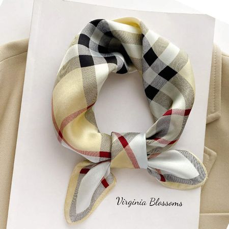 New 53cm Real Silk Scarf Checkered Cream and Black