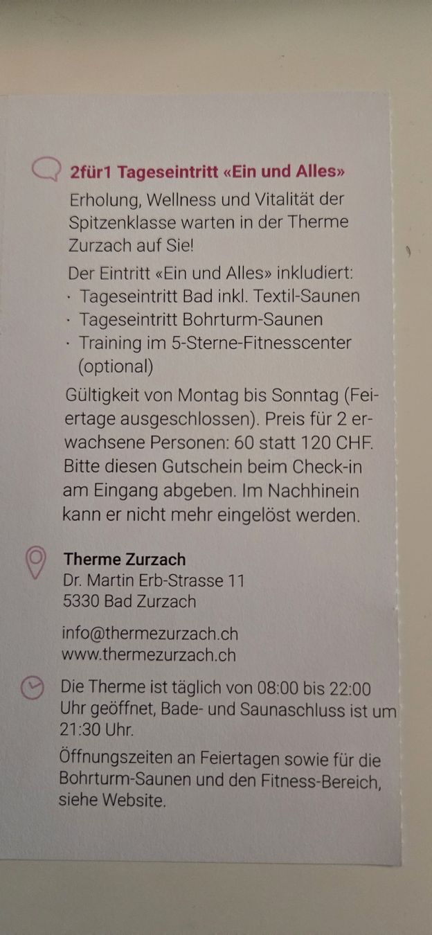Therme Zurzach 2 für 1 Tageseintritt bis 30.11.2026 (Neu (gemäss ...