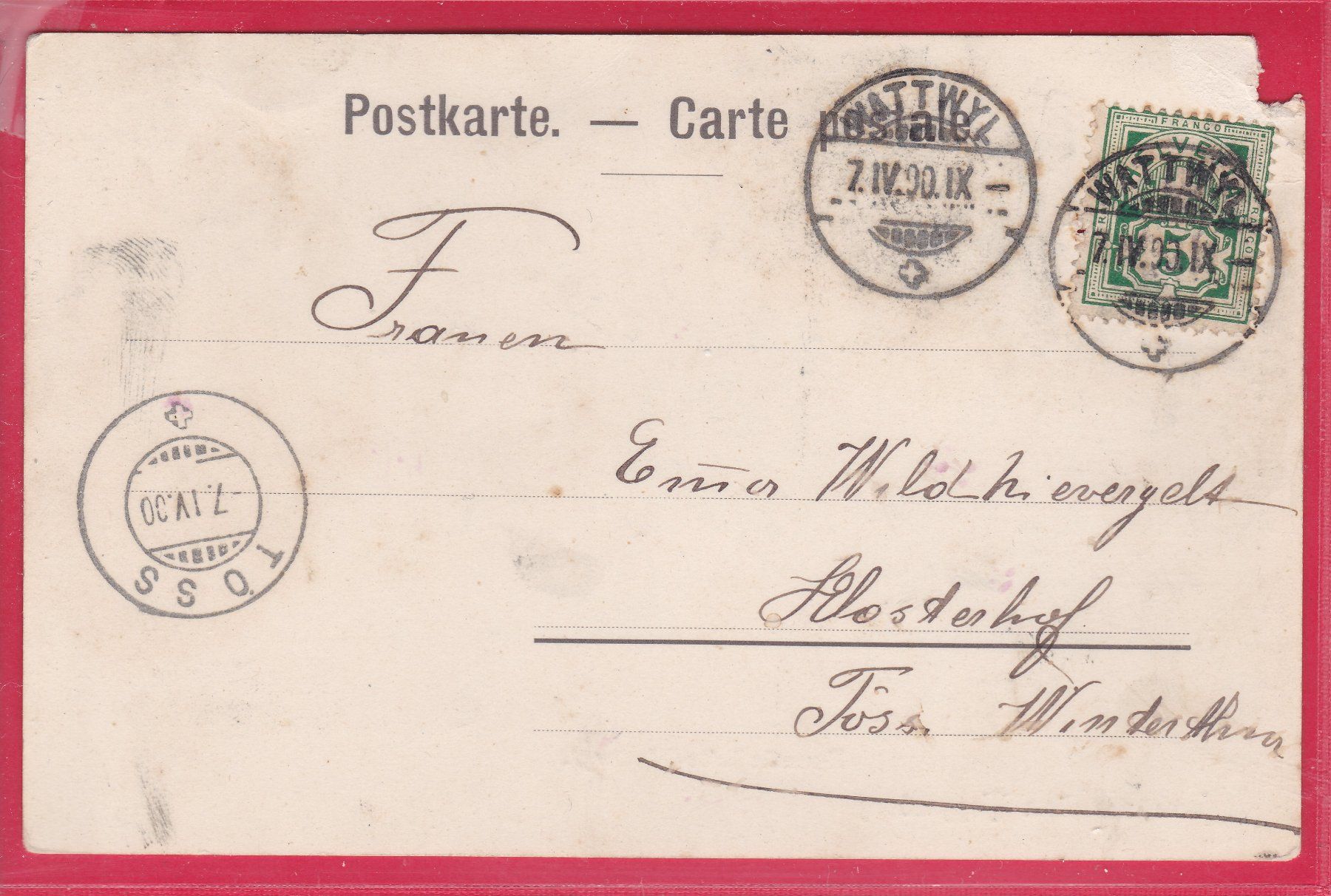 Cartoline postali: ENNETBRÜCKE - WATTWYL, 7.4.1900 – Usato da Oberrieden venduto da Gebirgsstelze 1