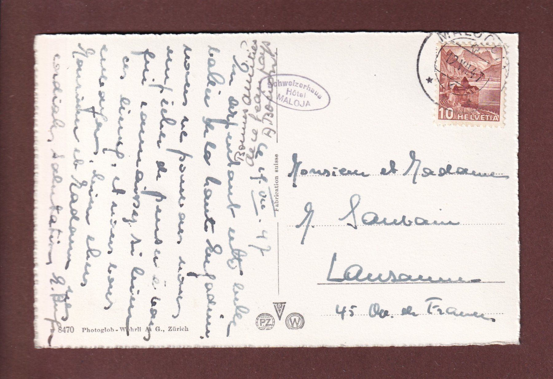 Cartoline postali: MALOJA - Bergeller-Berge - 1947 – Usato da Pully venduto da nicecards 1