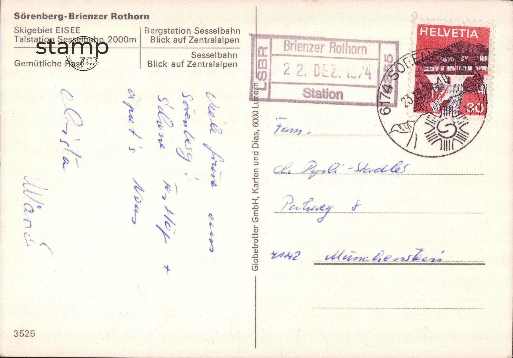 Cartoline postali: 1974 AK Sörenberg - Brienzer Rothorn – Usato da Eggersriet venduto da stamp303 1