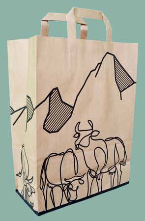 Papier-Tragtaschen braun mit Motivdruck Kuh und Berge