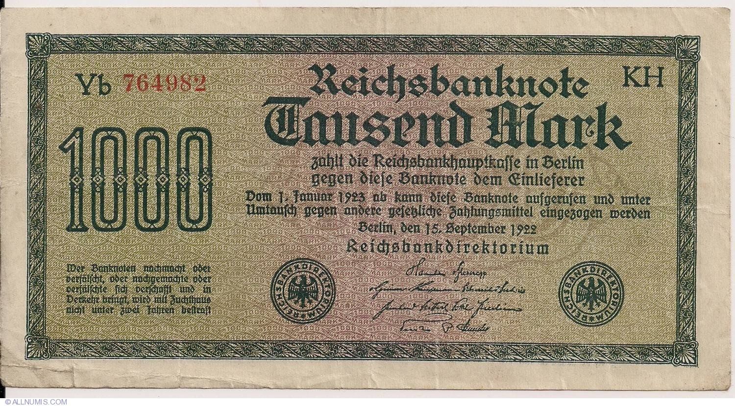 Banconote: Reichsbanknote Deutschland  1000 Mark – Usato da Glattbrugg venduto da coronado03