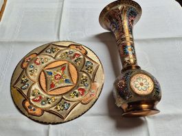 Handbemalte Kupfervase mit Teller, Vintage Deko Set!
