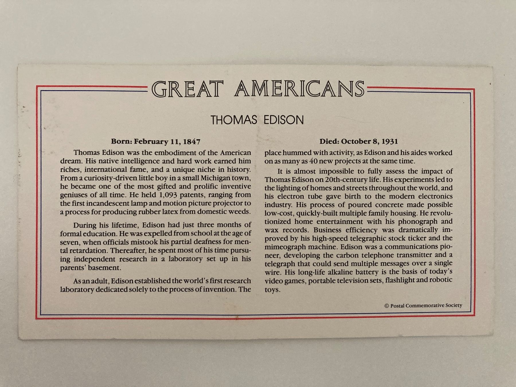 Alle Briefmarken: Postal Commemorative Society / Thomas Edison Stamp / Replica – Gebraucht aus Genthod von daz_world 3