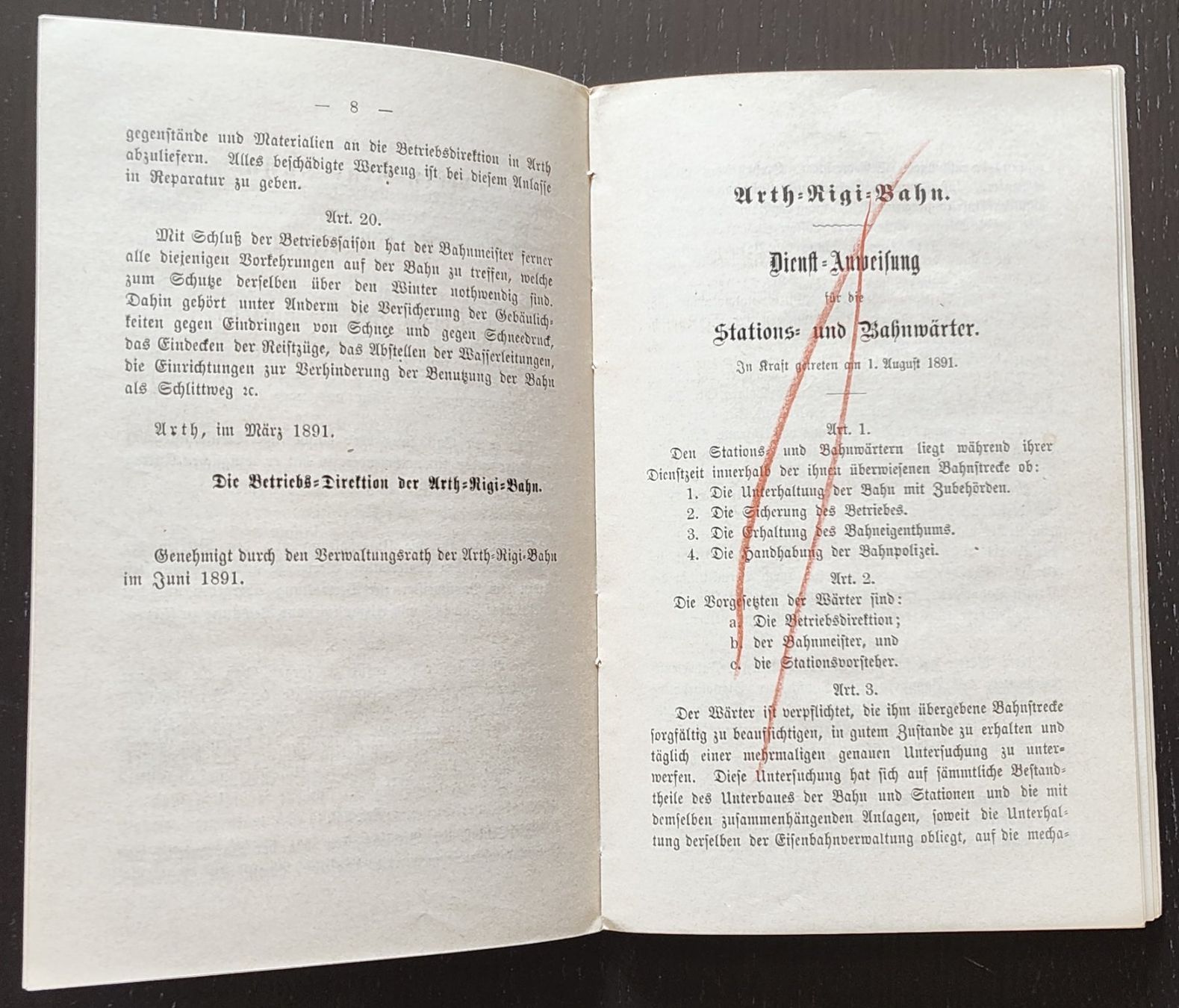 Documenti: ARB Rigi-Bahn Dienstreglement 1891 – Usato da Biberist venduto da Slick 8