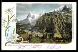 AK Mürren, Mit Eiger, Mönch und Jungfrau, Edelweiss im Passe