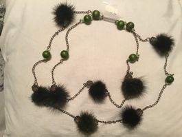 Collier long double rang ponpons fourrure, chaîne bronze