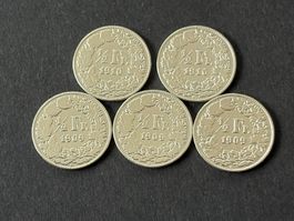 1/2 Fr. 3x1909;1x1910,1x1916 vorzüglich, sehr rar