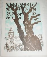 Lithographie von Rudolf Wunderlin (Baum vor Kirche)
