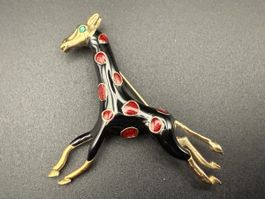 Vintage-Giraffen-Brosche schwarz und rot emailliert