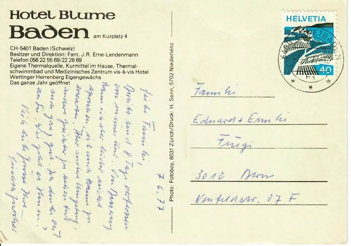 Cartoline postali: Hotel Blume - Baden – Usato da Hochdorf venduto da Ziegel-16 1