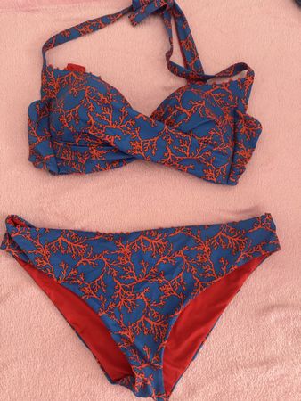 Bikini Calzedonia bleu motif corail orange taille L bon éta