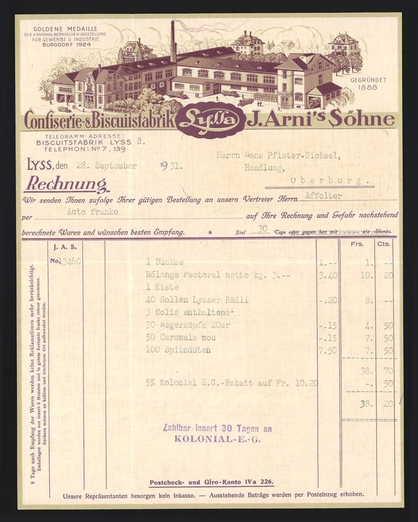 Altre raccolte & rarità: Rechnung Lyss 1931, J. Arni's Söhne, Co – Usato da Berlin venduto da bartko-reher